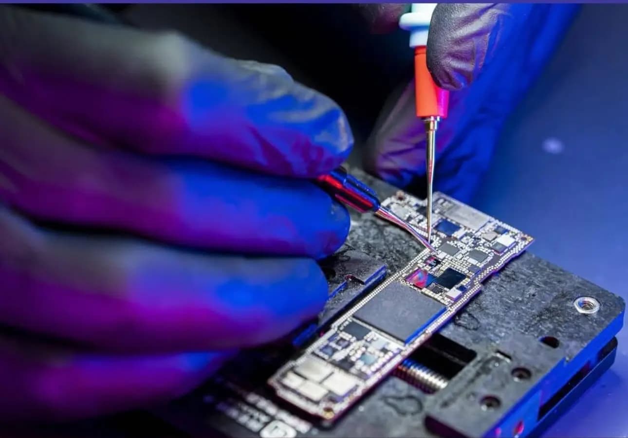 Tarjeta madre de iPhone en soporte de microsoldadura, medida con puntas de prueba en el laboratorio de Repárame